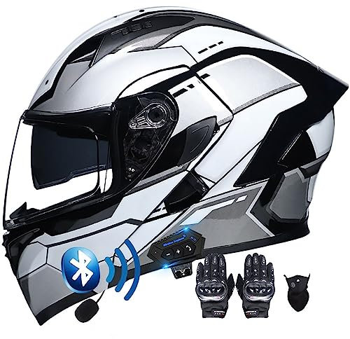 Letetexi Casques Moto Modulable avec Anti-buée Double Visière Casque Scooter Racing avec Gants et Masque Casque Motocross Intégraux Homologué ECE Bluetooth Homme Femme S~XXL
