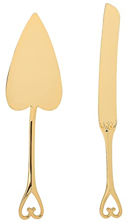 Juego de Cuchillo Y Servidor para Tarta de Boda, Juego de Utensilios de Corte de Tarta Dorada para Boda, Cortador de Tarta Grabado Vintage Y Espátula para Servir para Pareja,(Estilo de corazón)
