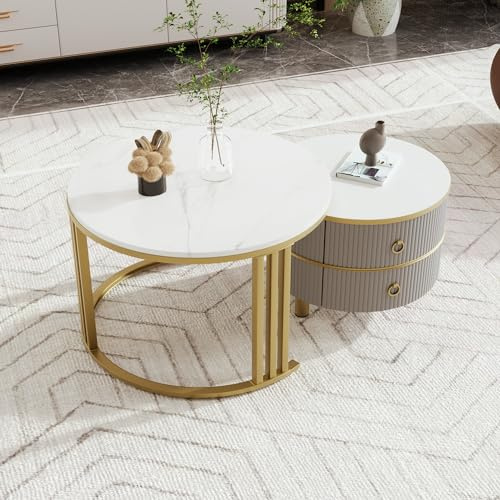 Satztisch,70*70*46 + 50*50*40 cm 2-in-1 runder MDF-Couchtisch, Beistelltisch mit glänzender Platte und 1 weißer Marmorplatte, Wohnzimmer-Couchtischkombination mit 2 Schubladen (Goldbeine+Grau)