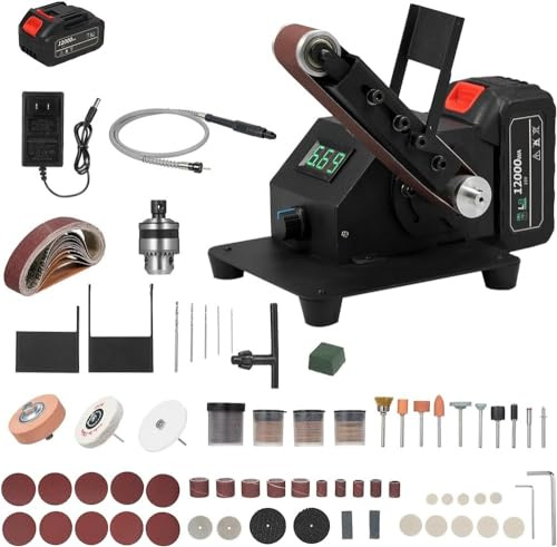Smerigliatrice, Mini Levigatrice a Nastro 350W Smerigliatrice elettrica da banco Levigatrice Regolazione continua della velocità Piccola smerigliatrice Affilatrice Lucidatrice con 10 Nastri abrasivi f