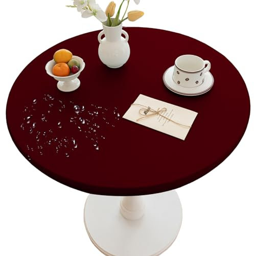 Thdsubb Tischdecke Elastische Runde Gartentischdecke Leder Wasserdicht Abwischbar Tischschutz Für Zuhause, Partys, Kaffee (160cm,Dunkelrot)