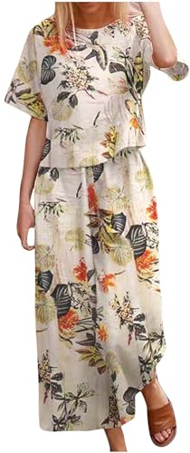 Linen Sets for Women 2 Piece Outfits Ladies Summer Tops Short Sleeve Round-Neck Casual Loose Fit Plain T-Shirt & Loose Wide Leg Pants Casual Tracksuit Leisurewear