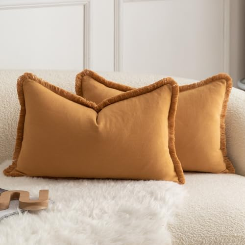 Mandioo 2er Set neutralen Baumwolle Quasten Kissenbezug 30x50cm Dekorative Kissenbezüge Dekokissen Boho Sofakissen Kissenhülle für Couch Sofa Schlafzimmer Wohnzimmer Heimdekoration Orange Braun