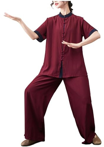 DAYKET Damen-Tai-Chi-Uniform, Traditionell, Kurzärmelig, Kampfsportbekleidung, Morgenübungen, Kung-Fu-Kleidung, Lounge-Bekleidung,Claret-3XL