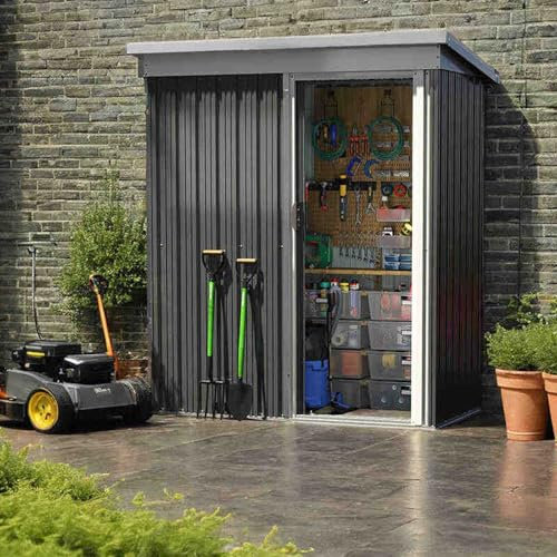 Abschließbarer Metallschuppen für den Außenbereich mit Schiebetür und Schrägdach Stahl Gartenhaus für Hinterhof, Terrasse, Garage und Rasenlagerung