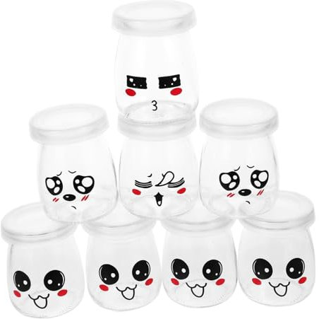 WATIIFUFU Lot De 8 Bouteilles De Yaourt En Verre 100 Ml Motif Coloré Aléatoire Verre Épais Pour Conservation Dessert Repas Familial