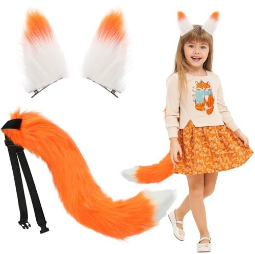 XEPST Fuchsohren und Schwanz Set, Tierfuchs Kostüm Set mit orangefarbenen Fuchsohren Pelziger Fuchsschwanz für Tierkostüm Cosplay Geburtstagsparty Zubehör Halloween Kostüm Kostüm Partyzubehör