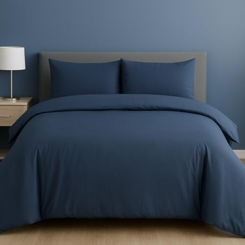 Dreamology Bettwäsche-Set für Super-King-Size-Betten (260 x 220 cm), Polycotton, strukturierter Stoff, Dobby-Streifen, Knopfverschluss, Bettbezug-Set, Bettbezug mit 2 Kissenbezügen (Blau