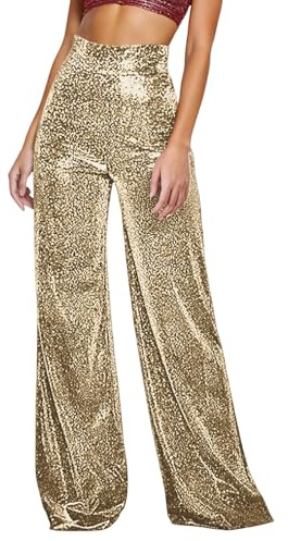 Pailetten Hose Damen Glitzer Metallic Glänzed Schlaghose Weites Bein Hose Frauen High Waist Glitzerhosen Elegant Lang Freizeithose 70er Karneval Kostüm Rave Outfit Disco Pants