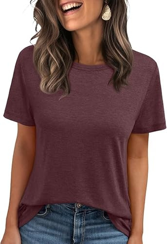 Cuptacc T-shirt dam rund hals lediga sommartoppar korta ärmar enfärgad basic, Vinröd, M