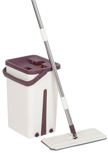 Balai Microfibre et Seau Essoreur, Serpillière Plat Rotatif 360° et Seau Auto-Lavage, Vadrouille de Mains Libre pour Nettoyage de Sol, avec 2 Tapis réutilisable-B, café