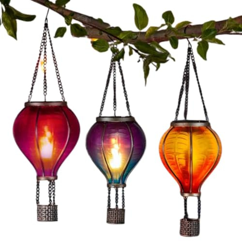 3 Pack Solar Hot Air Balloon Lanterns, Solar Powered Lantern with Flame LED Effect, Outdoor Garden Balloon Lanterns for Patio, Yard & Balcony Decor