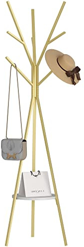 HOME BI Coat Rack Stand, Entryway Standing Coat Tree,Hat Stand Coat Hanger with 9 Hooks for Holding Jacket, Handbag, Clothes, Hats, and Scarves, Gold