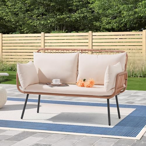 OC Orange-Casual Garten Loveseat, Rattan Gartenmöbel mit Sitzkissen & Rückkissen, Patio Terrasse Sofa für Balkon, Garrten, Schwimmbad,(Natur Rattan & Weiße Kissen)