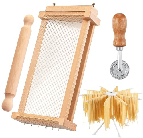 SiliFine 4 Pcs Pasta Maker Tool Set Include Chitarra Cutter Italian Pasta Guitar with Rolling Pin, Noodle Drying Rack, Ravioli Maker Cutter Making Tool for Spaghetti, Lasagna
