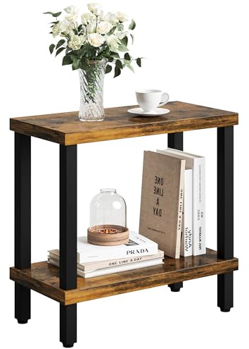 Mesa estrecha de 2 niveles con estante, mesa auxiliar, mesa de café, mesa pequeña, mesa de sofá industrial, compacta como mesita de noche, soporte para café, mesa de oficina para espacios pequeños