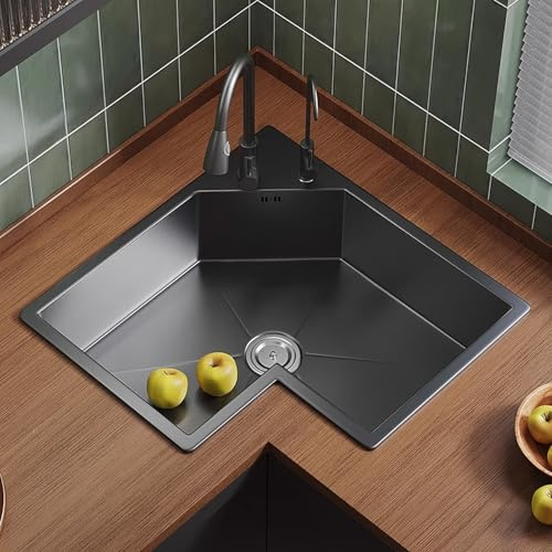 Lavatorio de cocina angular en forma de L, multifuncional en acero inoxidable 304, lavabo individual con grifo giratorio de 360° para lavar platos y limpieza de verduras