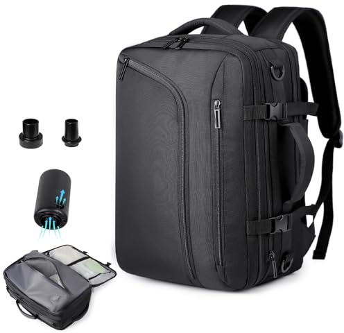 FormiPow Sac à dos de voyage sous vide avec pompe, compression par airbag, extensible de 36 à 60 L, compatible avec les bagages à main, pour trekking, travail, pour femmes et hommes, noir