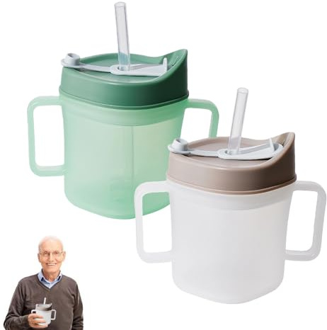 WIYETY 2 Stück Schnabeltasse Senioren: Trinkbecher mit Griff und Tülle, 260 ml Auslaufsichere Becher für ältere Menschen, Trinkbecher für Senioren, Erwachsenen Schnabelbecher(Grün/Braun)