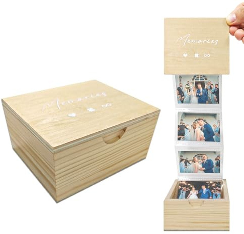 Senfaro Pull Out Photo Album Wooden Box, Picture Memory Keepsake Box, Photo Collection Gift for Him Her Friend Family, Anniversary Birthday Xmas Wedding Gifts (3x2 Wallet Size Photo)