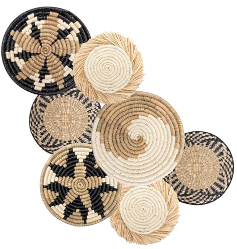 Temeemeg Decoración de Cesta de Pared, 7 Piezas de decoración de Pared de Mimbre Tejido Colgante, Granja rústica de 4 tamaños, Dormitorio para Comedor Sala de Estar...