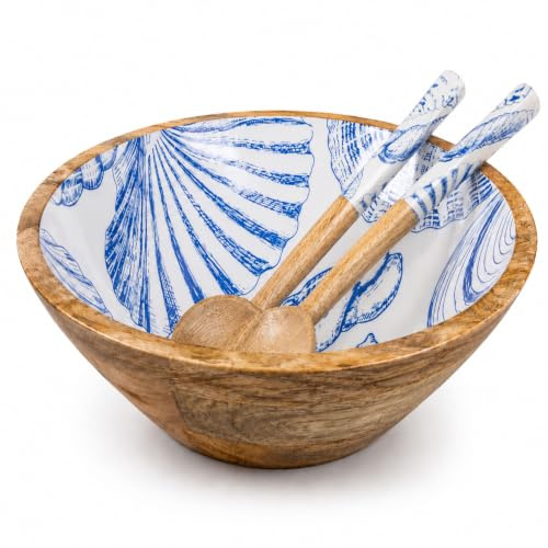 Decorasian Emaillierte Schale aus Mangoholz mit Salatbesteck – Handgemachte Holzschüssel, Boho Deko Obstschale & Salatschale - Muschel Muster 30cm