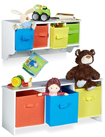 Relaxdays 2 TLG. Kindermöbel Set Albus, Wandregal für Kinder, Sitzbank mit Stauraum, Wandgarderobe 4 Kleiderhaken, Faltbox, weiß
