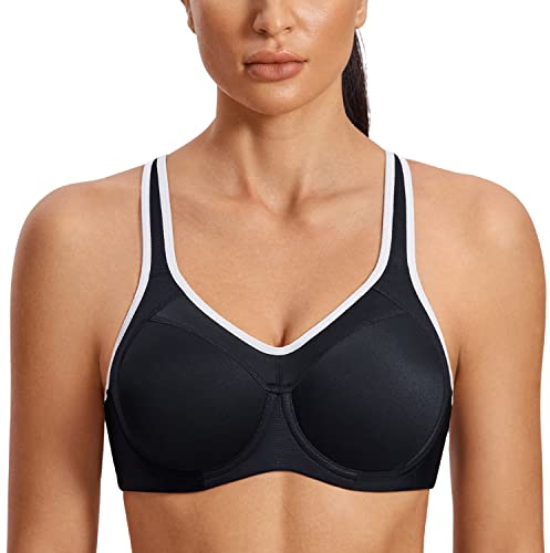 SYROKAN Damen Sport BH Starker Halt- Bügel Push Up Ringerrücken Gepolstert Fitness BH Schwarz 70G