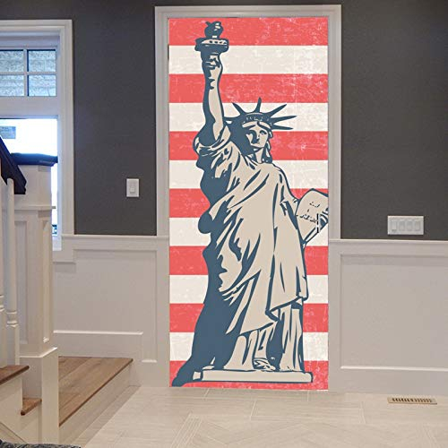A.Monamour Türtapete Selbstklebend Türfolie Türposter 3D Rot Weiß Gestreifte Freiheitsstatue Patriotisch Thematisiert Vinyl Folie Türdeko Tapete Wandbild Türaufkleber Türtattoo 90 x 200 cm