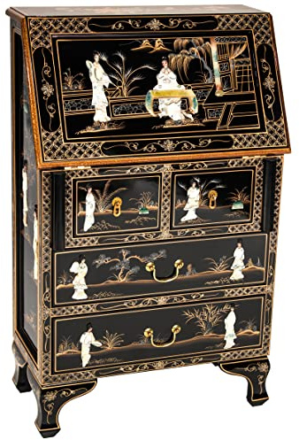 Red Lantern Hand Crafted Artisanal Black Lacquer Secretary Desk - Royal Ladies