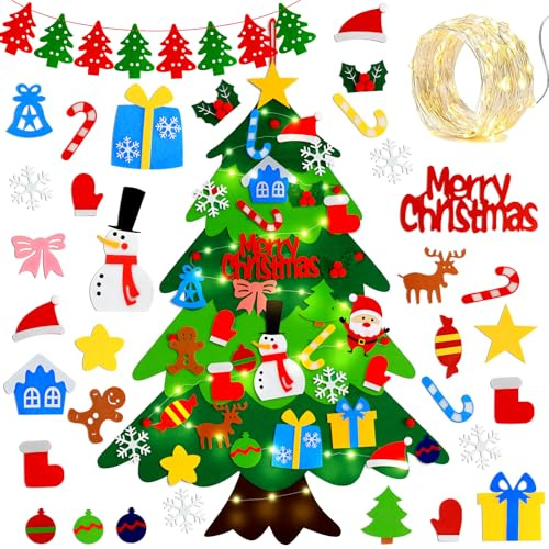 Dreamtop Filz Weihnachtsbaum DIY Weihnachtsbaum Dekoration 32 PCS Abnehmbare Hängenden Ornamenten Weihnachtsbaum Dekor für Kinder mit 3m LED Lichter Filz Stoff Für Weihnachtsspiel Wandbehang Deko