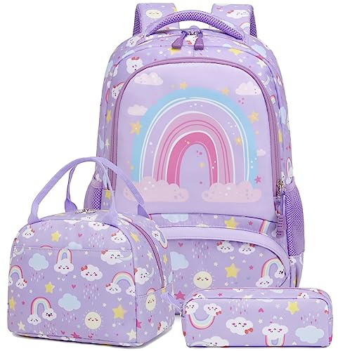 Zainetti Bambina Colore Zaino Ragazza Scolastico Elementari Zaino Ragazze Leggero Rainbow Backpack Zaino Scuola Set con Borsa da Pranzo + Astuccio,Zaino per la Scuola, Viaggio