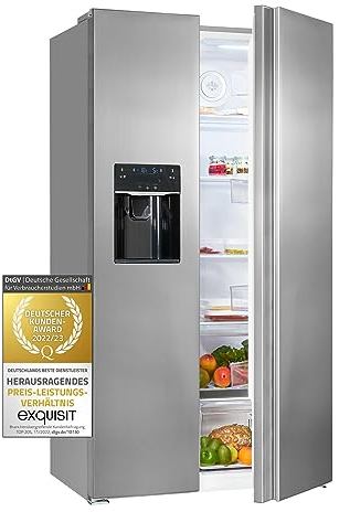 Exquisit Side-by-Side SBS520-CF-040E inoxlook | 513 L Volumen | NoFrost | Side by Side Kühlschrank mit Eiswürfelspender | Festwasseranschluss