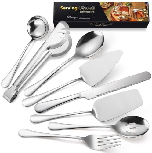 AARAINBOW - Juego de utensilios para servir de anfitrión, 8 piezas de acero inoxidable para fiestas buffet, juegos de cubiertos con cuchara para servir cucharas ranuradas, tenedores para servir