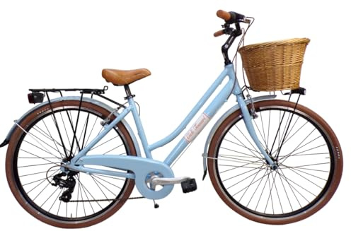 Cicli Tessari - bicicletta da donna telaio in ALLUMINIO bici city bike 28'' vintage retro' cesto in vimini (azzurro)
