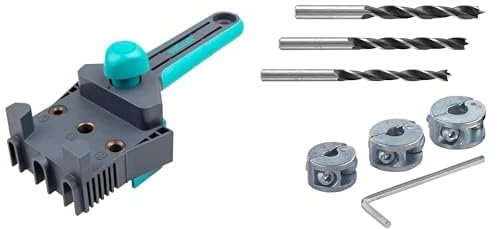 wolfcraft Meisterdübler Universal-Dübelhilfe 4640000 / Praktische Dübelhilfe & Projekt- Set Tiefenstopps + Holzbohrer I 8639000