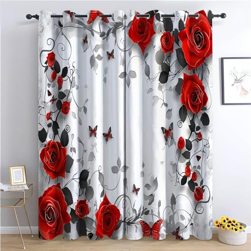 Verdunklungsvorhänge Gardinen mit Ösen Blickdichte Vorhänge Lärmschutzvorhang für Kinderzimmer Thermo Gardinen mit Rote Rose und Schmetterling Muster, 215 x 110 cm, Schwarze und graue Wirbel 2er Set
