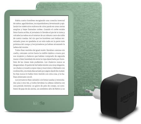 Le nouveau Kindle (version 2024) 16 GB avec publicités, une housse en tissu Amazon et un adaptateur secteur Amazon Powerfast 9 W.