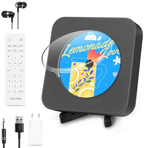 Lecteurs CD Bluetooth, Lecteur CD Portable pour la Maison, Haut-parleurs HiFi intégrés, Radio FM, Prise Casque, USB/AUX, Housse de Protection Lecteur CD Musical avec télécommande Noir