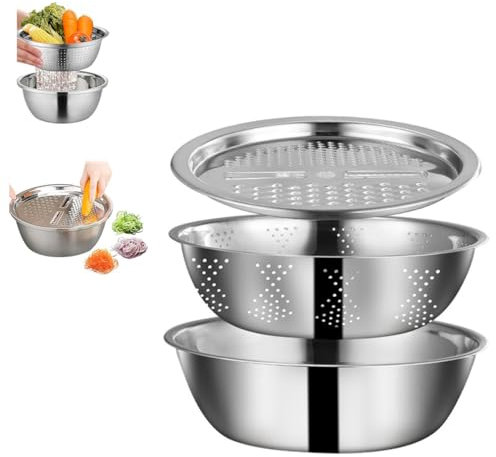 Multifunctional Stainless Steel Basin, With Grater 3 In 1 Vegetable Cutter Rice Rinser Washing Bowl Strainer Bowl Drain Basket, Leaky Basin Round Household Washing Fruit Basket
