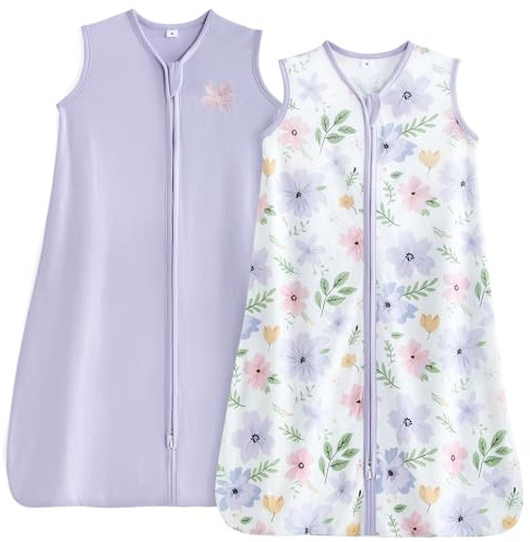 TILLYOU 2er Set Sommerschlafsack Baby 0.5 Tog 100% Baumwolle Baby Schlafsack 0-6 Monate Sommer Babyschlafsack, Blumen und Lila