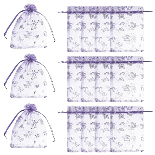 PATIKIL 100 Pcs Bolsas De Organza 13 X 18cm Lila Claro Plateado | Bolsas De Malla Para Dulces, Con Cordón Y Mariposa, Para Joyería Regalos Bodas Navidad Festivales Suministros