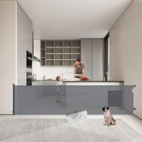 0-300cm Barrera de Seguridad Bebés Extensible, Apertura con Una Sola Mano | 87cm Altura Retractable Barrera de Seguridad para Escaleras, Puerta de Seguridad para Perros para Interiores, Exteriores Gris