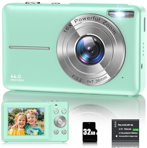Appareil Photo Numérique 1080P Appareil Photo 44 MP Appareil Photo Compact Portable avec Écran LCD 2,4, Zoom Numérique 16X, Carte Mémoire Micro 32 G, 1 Batterie pour Adolescents, Étudiants-Vert
