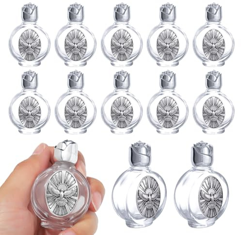 KMIMO 12PCS Bouteille d'eau sainte en verre 0,5 floz Mini récipient d'eau sainte avec goût Saint-Esprit Colombe Bouteille de voyage religieuse vide Église Cadeaux catholiques