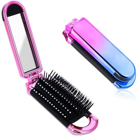 2er Pack Kleine Haarbürste für Frauen, Tragbare Faltbare Handtaschenbürste mit Abnehmbarem Spiegel und Weichen Nylonborsten, für Tasche Reisen Zuhause Fitnessstudio