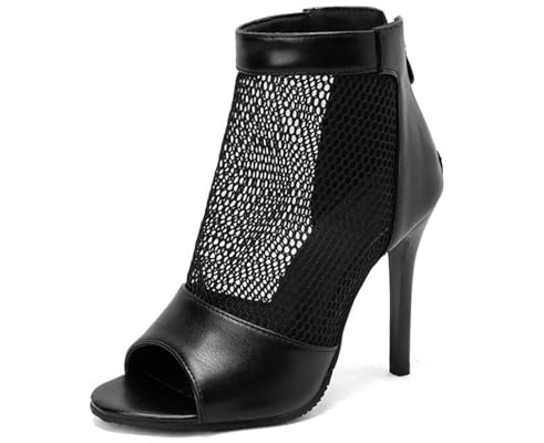 Genérico Mujer Tacón De Aguja Alto Botas De Verano Punta Abierta Malla Botines con Cremallera Cuero PU Sandalias De Vestir De Fiesta De Graduación,Negro,39 EU