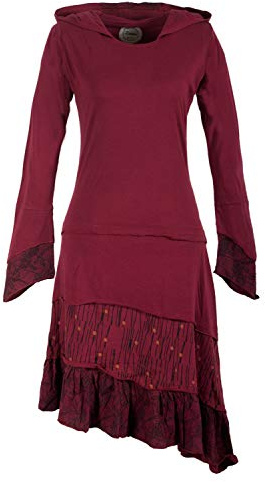 Vishes - Alternative Bekleidung - Lagenlook Langarm Patchwork Elfenkleid mit Zipfelkapuze und Rüschen dunkelrot 46