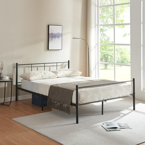 [en.casa] Metallbett 140x200 cm Schwarz auf Stahlrahmen mit Lattenrost Bettgestell mit Kopfteil Design Doppelbett Ehebett Gästebett