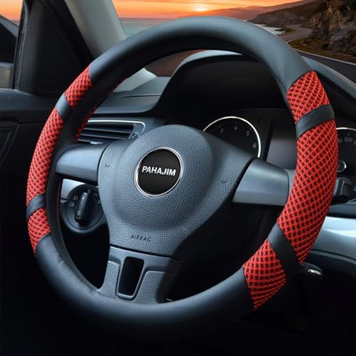 Lifetooler Auto Lenkradbezug Leder Ice Silk Universal 38cm(15) Lenkradhülle Atmungsaktiver Anti Rutsch Steering Wheel Cover für Auto Van Truck SUV (rot)